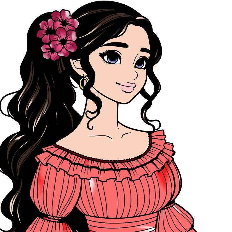 a single latina woman with a side ponytail and a long dress with ruffles. she has a few discreet flowers in her hair. realistic
