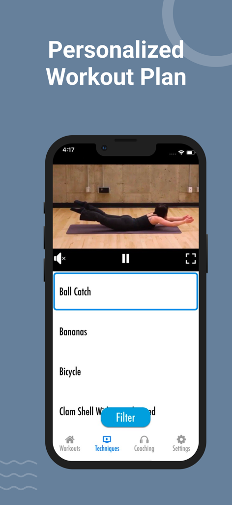 Pilates Workout Routines - Interfaz de la aplicación Rutinas de Ejercicios de Pilates mostrando un plan personalizado con videos instructivos y técnicas de ejercicio