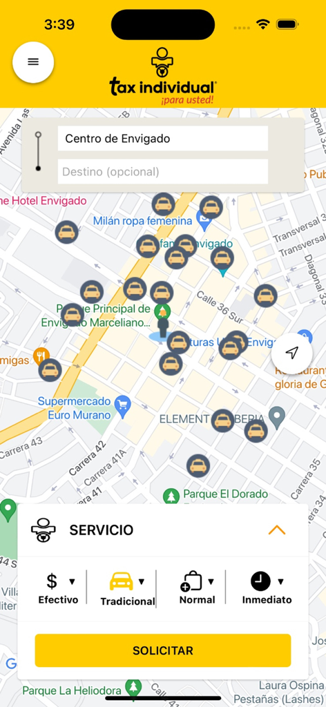 Tax Individual Pasajero - Tax Individual Pasajero app interface showing a city map with available taxis and a booking panel with payment and vehicle options.