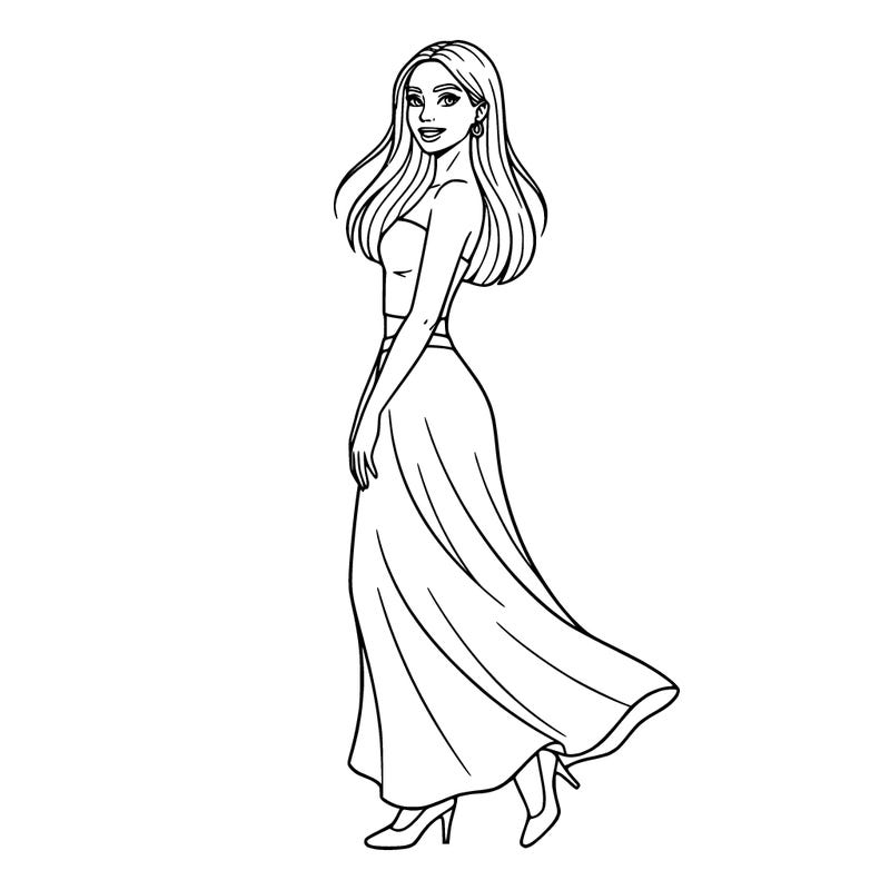 a pretty girl who has pin straight hair and is wearing a non cropped strapless shirt and is wearing a long flowy white skirt with it. she is wearing low heels. she is in a pretty pose. she has thin eyebrows and thick eyelashes. she is smiling. she is wearing small hoop earrings.