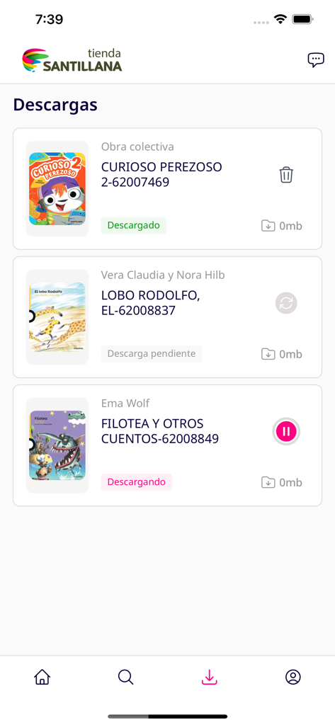 Tienda Santillana - Tienda Santillana mobile app interface showing a list of downloaded Spanish educational books for offline reading