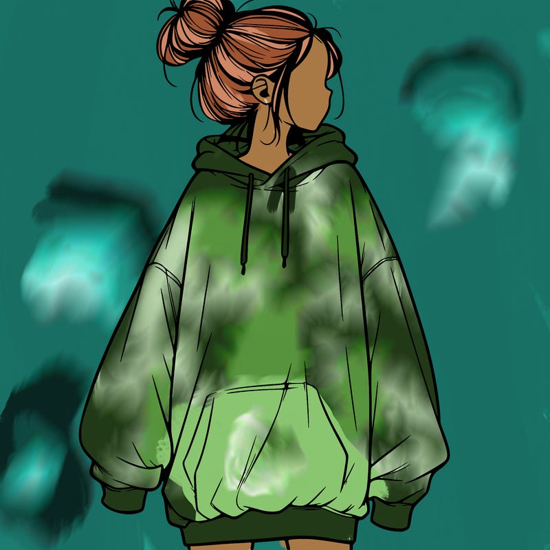realistic girl with a oversized sweatshirt on and a bun