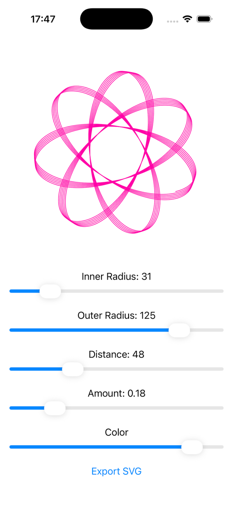 Spirograph Drawing - Interfaz de aplicación móvil con un diseño espirográfico rosa y deslizadores para ajustar el radio y la distancia