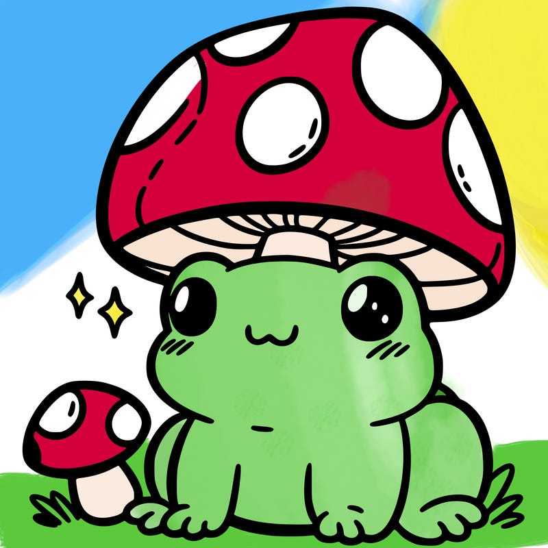 a cute frog with a mushroom hat