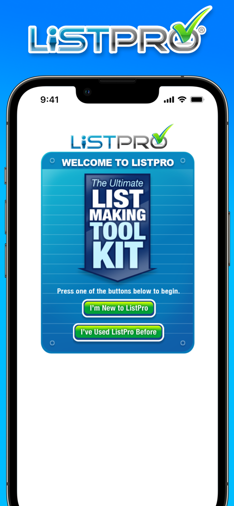 ListPro - ListPro mobile app welcome interface showing the ultimate list making toolkit message and user login options