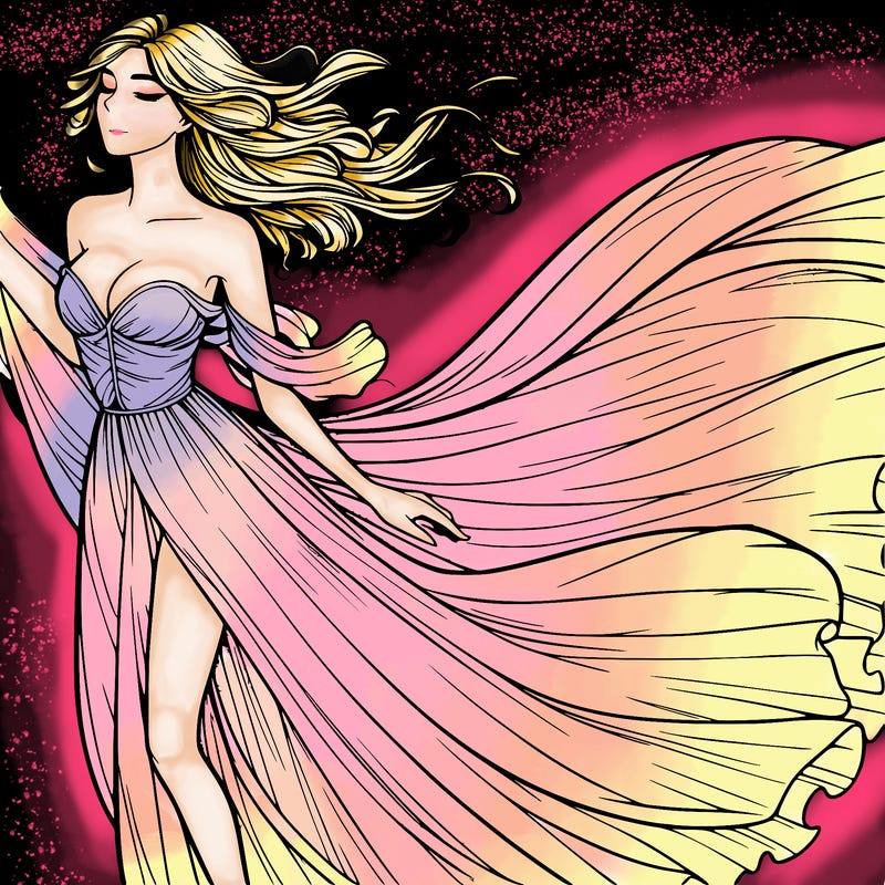 realistic woman in dress flowing the the wind