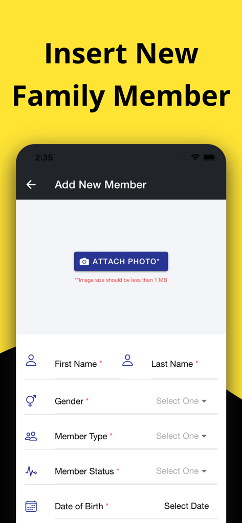 ClansRoot - Family Tree Maker - Mobile app screen for adding a new family member with fields for name gender and date of birth in ClansRoot