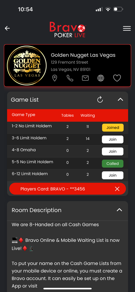 BravoPokerLive - Pantalla de la aplicación Bravo Poker Live mostrando mesas de póker en vivo y recuentos de listas de espera para Golden Nugget Las Vegas