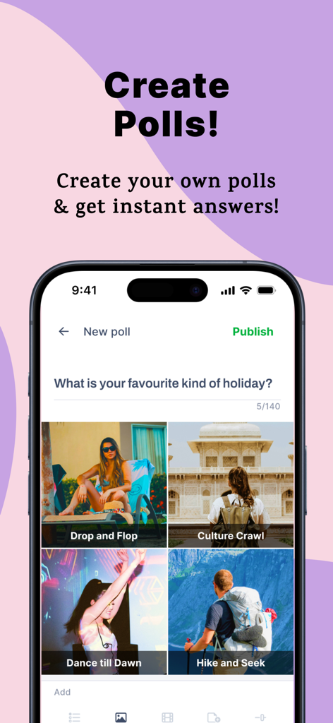 Pantalla de la app HICH mostrando la creación de una encuesta visual sobre preferencias de vacaciones con cuatro opciones de imagen.
