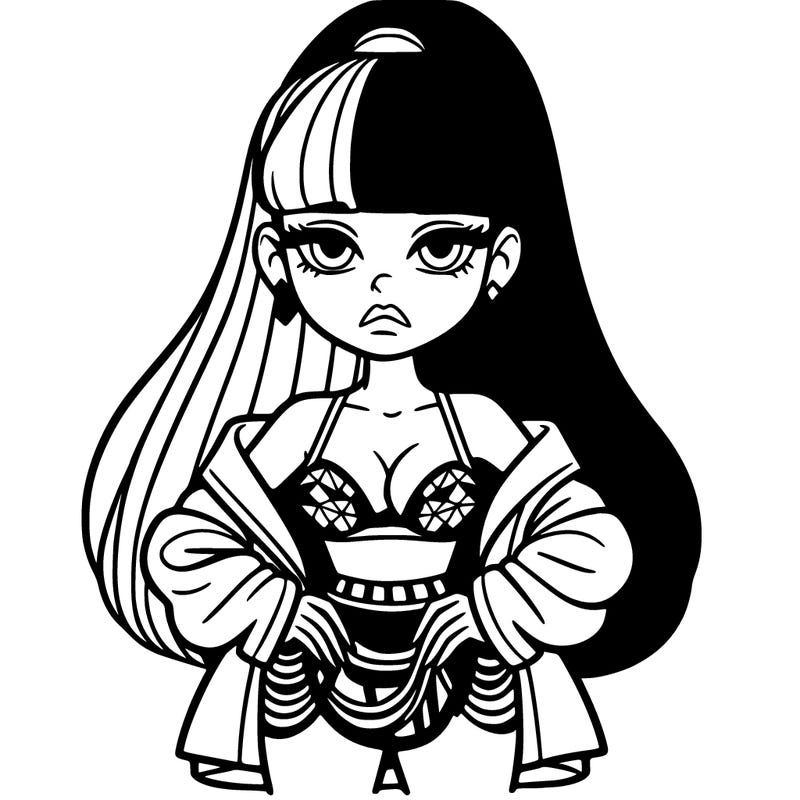 female popstar with an unimpressed face, with along ponytail with two colors and bangs, and wears a jacket with diamonds, black bra top and a long skirt over a short skirt