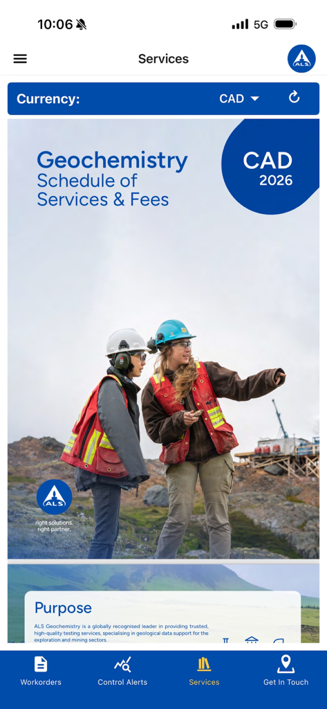 ALS Geochemistry - Screenshot of the ALS Geochemistry app showing the schedule of services and fees for mining professionals