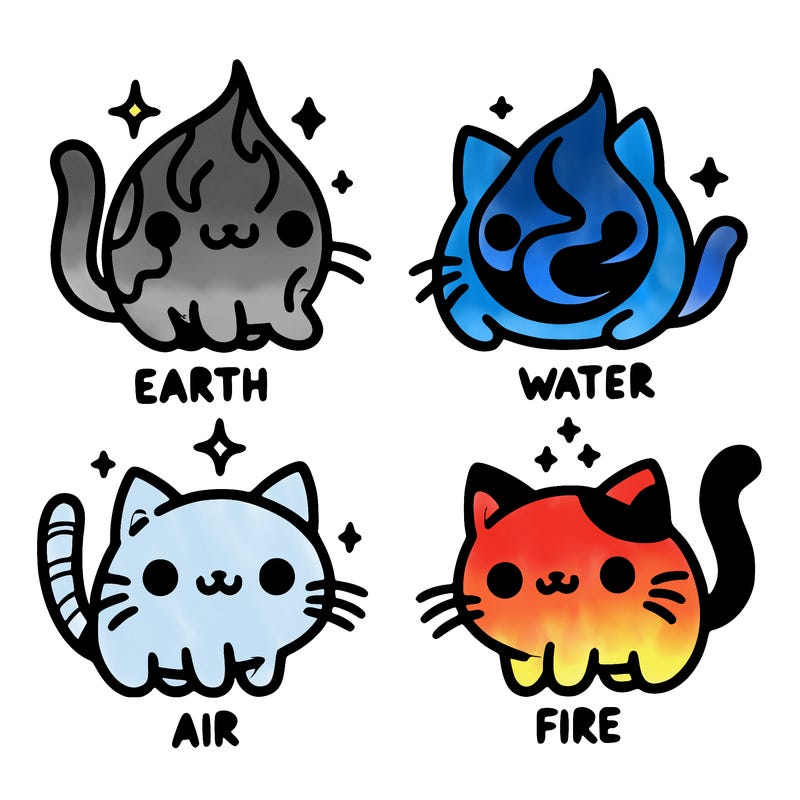 4 cats that represent the different elements, earth, water, air, and fire