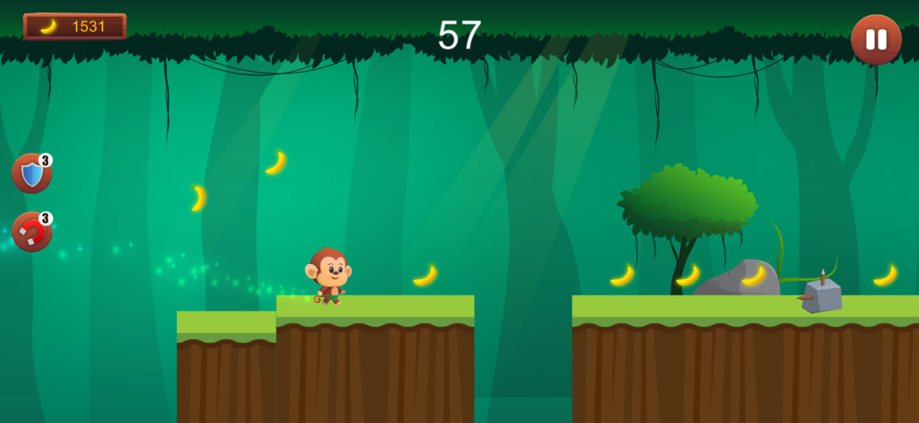 A cartoon monkey running through a jungle to collect bananas in a platformer game