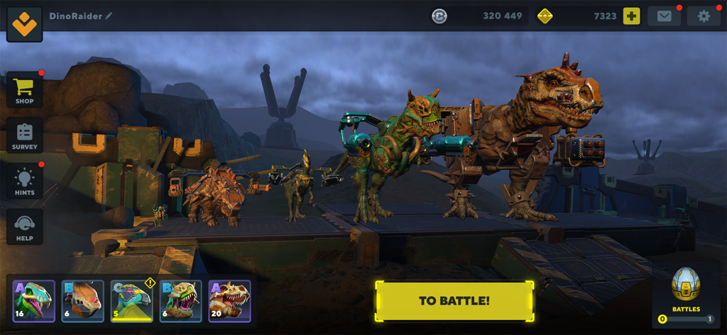 Dino Squad: Online Action - Una hilera de cinco dinosaurios personalizados con armas montadas en una plataforma de batalla en el lobby de Dino Squad