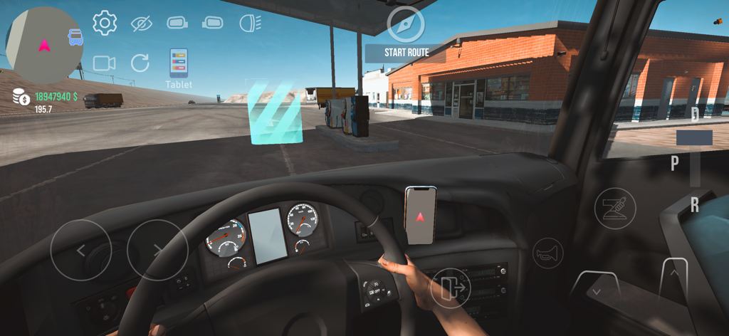 Nextgen: Truck Simulator - Vista en primera persona desde el interior de la cabina de un camión en una gasolinera en Nextgen Truck Simulator