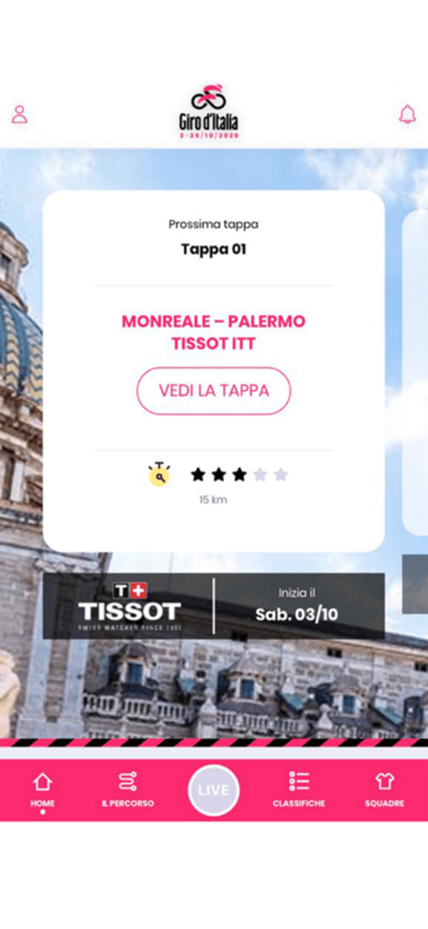 Giro d'Italia - Giro d'Italia mobile app interface displaying information for Stage 1 from Monreale to Palermo