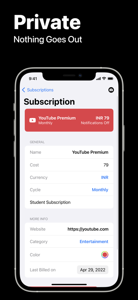 Subscription Manager - Recur - Interface of the Recur subscription manager app on iPhone showing privacy features and subscription details