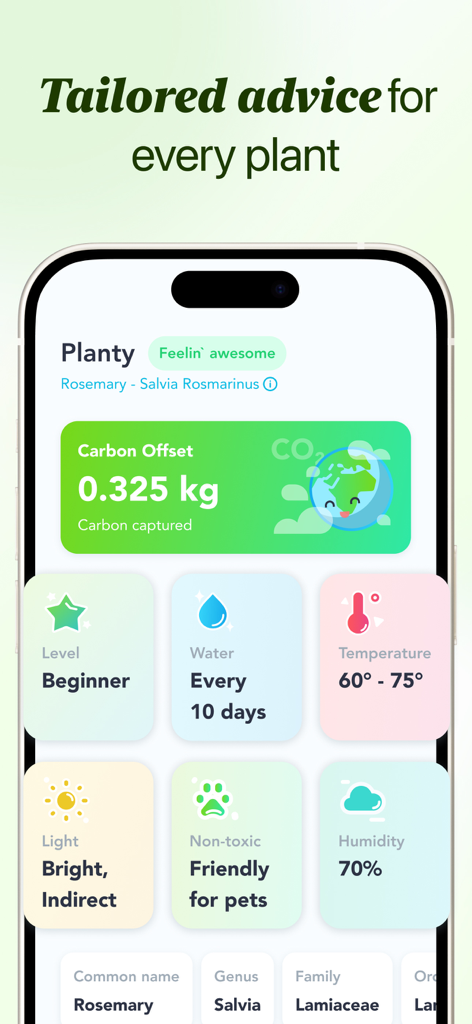 Flora - Plant ID & Diagnosis - Flora app screen showing personalized care details for a Rosemary plant including watering frequency and pet safety status