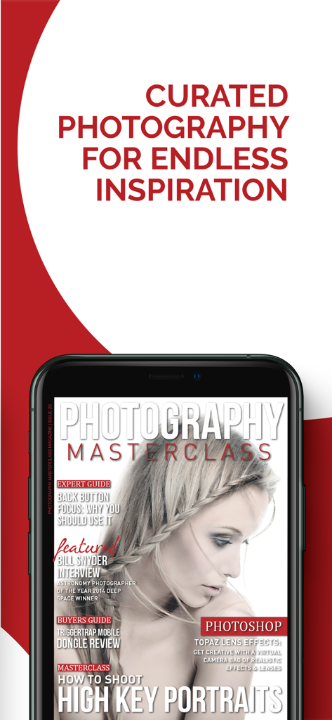 Smartphone displaying the cover of Photography Masterclass Magazine featuring a high key portrait and expert photography guides