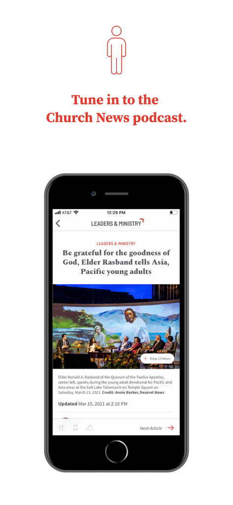 Church News app displaying an article titled Be grateful for the goodness of God by Elder Rasband