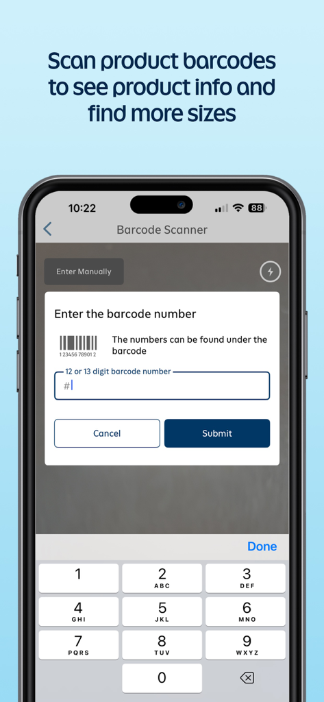 Interface of the Old Navy app barcode scanner showing manual entry option and product search functionality