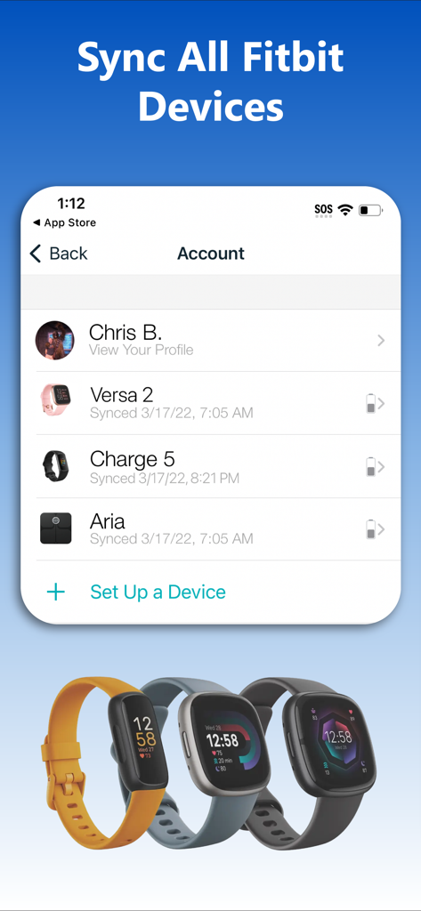 Fitbit to Apple Health Sync - Versa 2 및 Charge 5를 포함하여 연결된 Fitbit 기기 목록을 보여주는 Fitbit에서 Apple 건강으로 동기화 앱의 인터페이스
