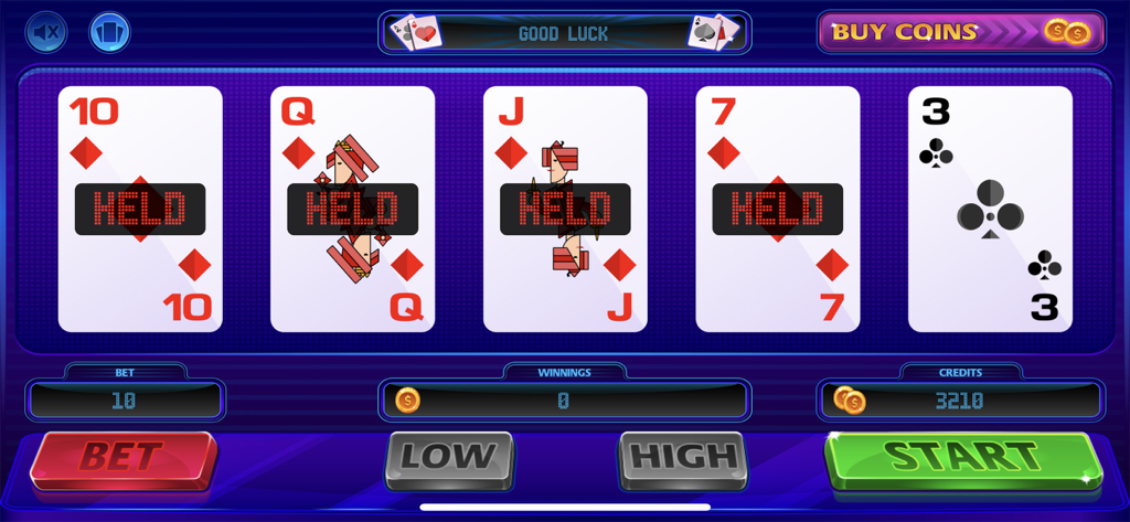 Gameplay di Video Poker Jacks or Better che mostra quattro carte di quadri tenute e le opzioni di puntata