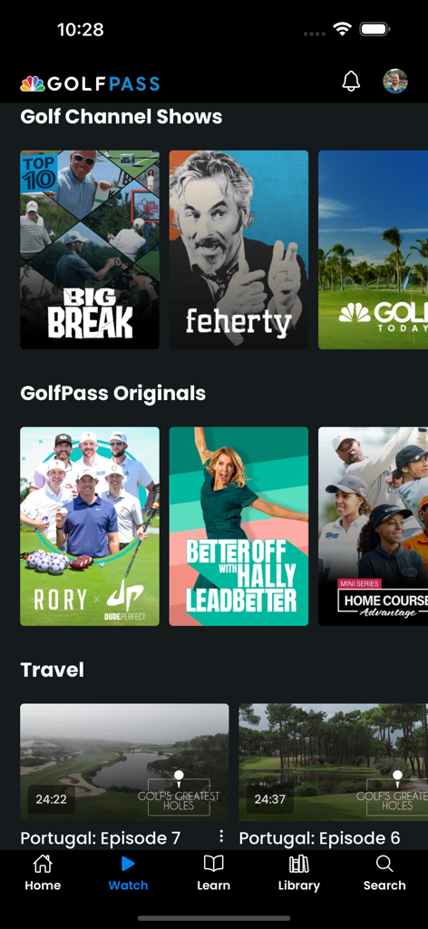 GolfPass - GolfPass mobile app interface showing various golf shows including Golf Channel originals and instruction videos.