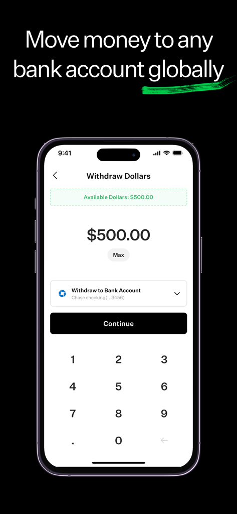 Lava: Secure Bitcoin Loans - Lavaアプリの画面。グローバル銀行口座へのドルの引き出しプロセスが表示されています。
