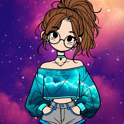 girl with a messy ponytail glasses a baggy crop top and jean shorts