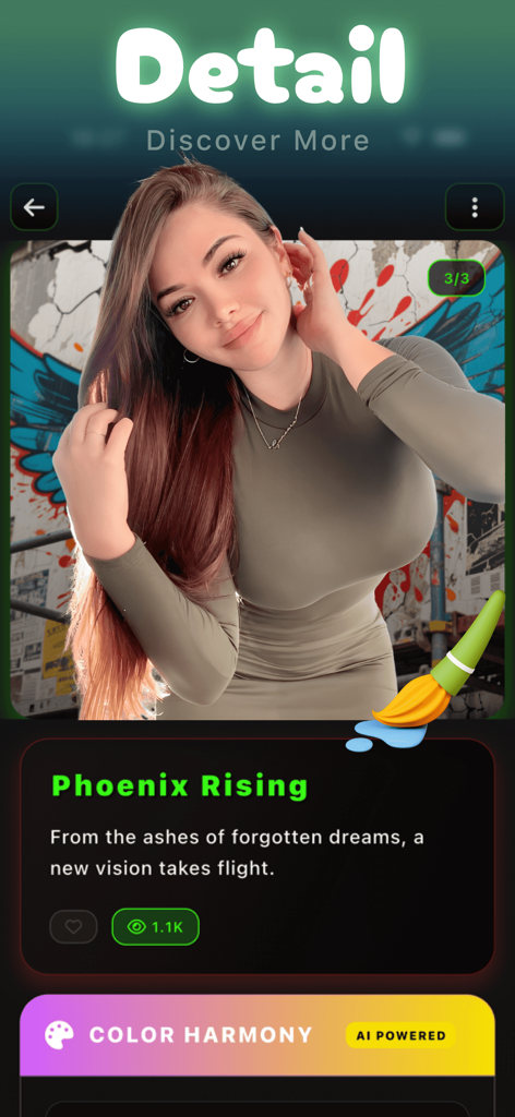 Detailed view of a community design post in the Tano app featuring artwork titled Phoenix Rising and AI powered color harmony tools