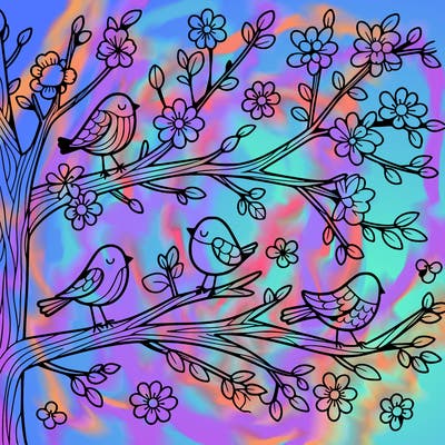 tree branches with birds and flowers