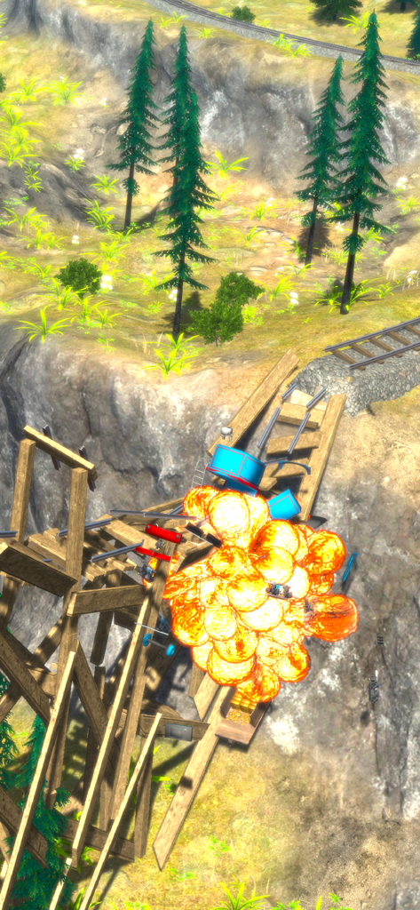A massive explosion from a train crash on a wooden bridge in Slingshot Train
