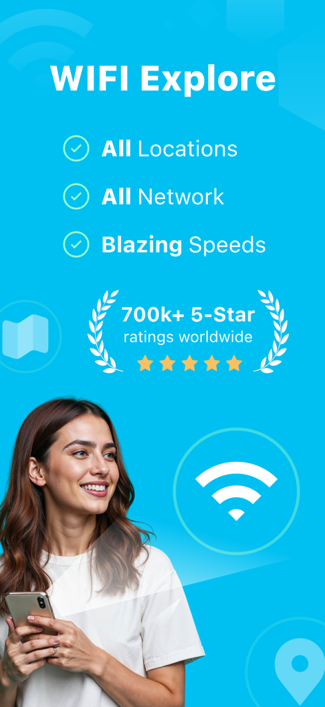 WiFi Analyzer : Map & DNS - Introductory screen for WIFI Explore app showing features like all locations network access and blazing speeds