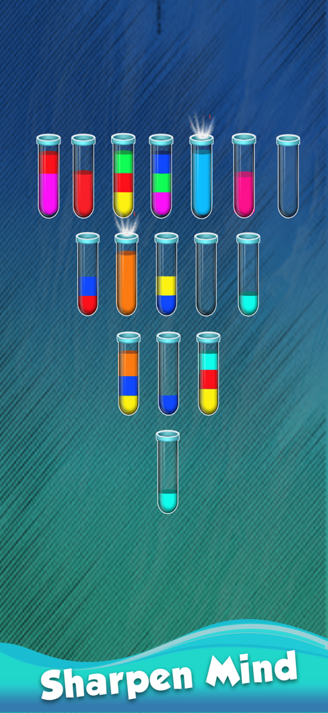 Water Sort Puzzle Color - A mobile puzzle game screen showing multiple test tubes filled with different colors of liquid and the text Sharpen Mind at the bottom