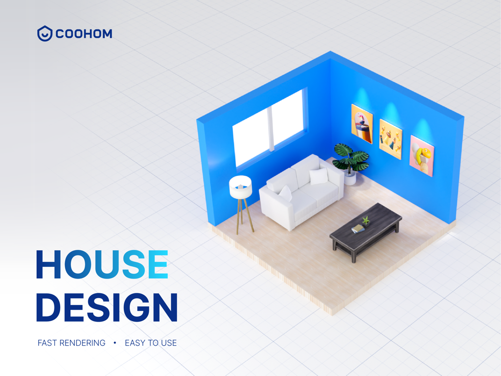 Isometric 3D living room design rendering within the Coohom house design app