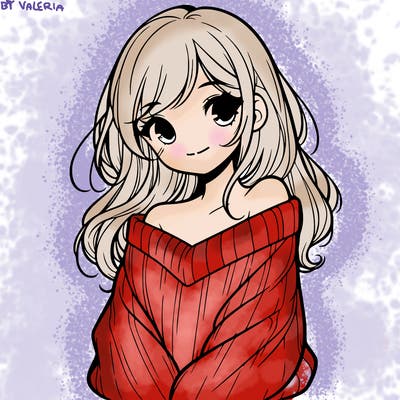 shy pretty girl wearing a sweater that is falling off one shoulder portrait