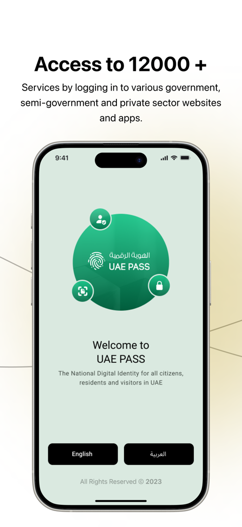 UAE PASS app welcome screen showing access to 12000 government and private services with digital identity authentication.