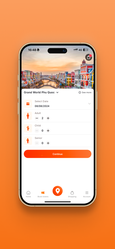 VinWonders - VinWonders app screen for booking tickets at Grand World Phu Quoc showing date selection and guest count for adults and children