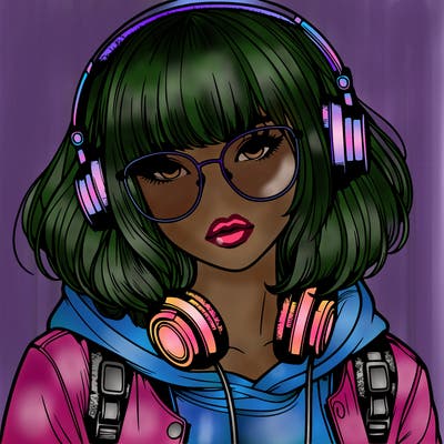 realistic teenagegirl with bangs in her hair headphones and wearing glasses and a jacket with a hoodie