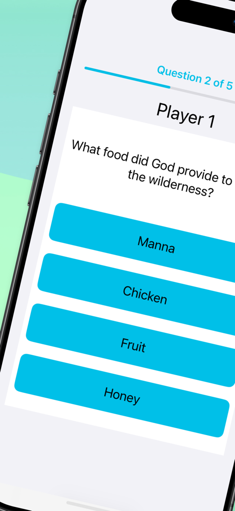 Bible Trivia - Christian Game - 携帯電話の画面に、複数の選択肢の答えが表示された聖書クイズの質問。