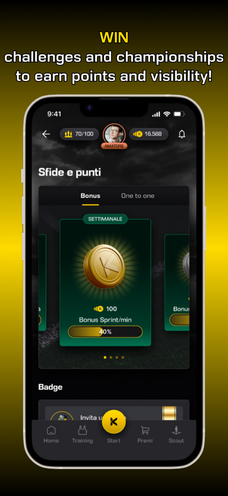 Interfaz de la aplicación K-FANS Training que muestra puntos de desafíos y bonificaciones semanales de velocidad para atletas