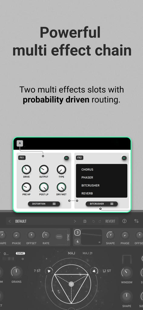 GRFX - Granular Effects - Interface showing the powerful multi effect chain of the GRFX app with two effects slots and probability driven routing.