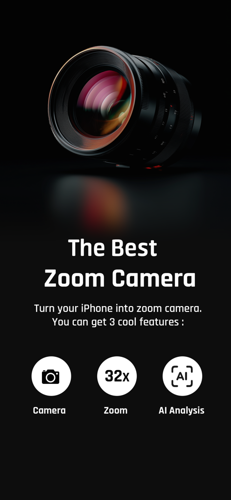 Super Zoom Telephoto Camera - Principais recursos do aplicativo Câmera Teleobjetiva Super Zoom, incluindo zoom de 32x e análise de IA