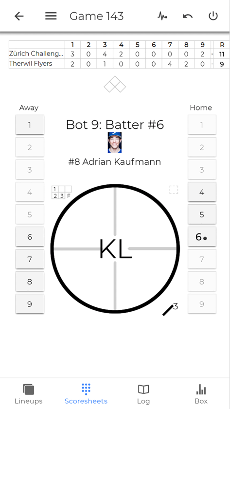 EasyScore Baseball Scoring - Digital scoresheet interface in the EasyScore app showing live baseball game scoring and player stats.