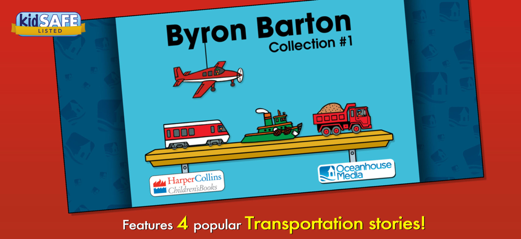 Byron Barton Collection 1 title screen showing illustrations of a plane train boat and truck