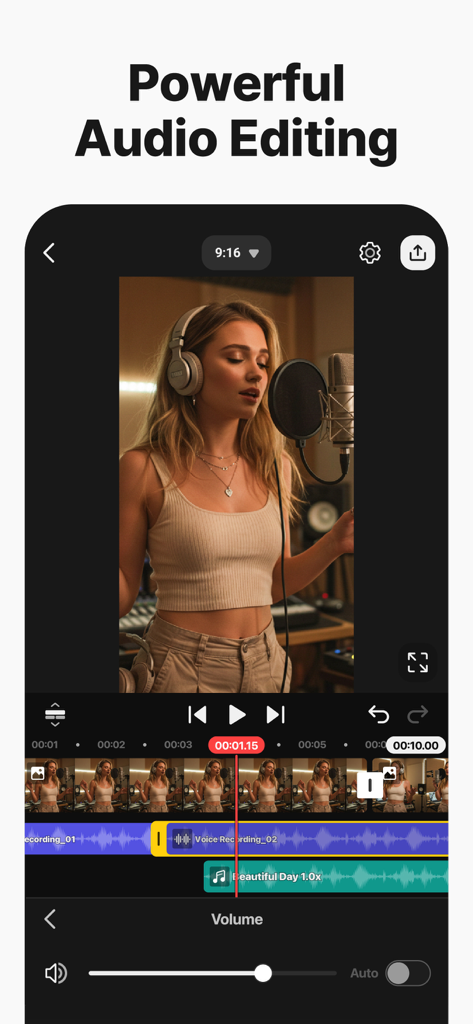 Interfaz de edición de video móvil en KineMaster que muestra múltiples pistas de audio y control de volumen para una sesión de grabación.