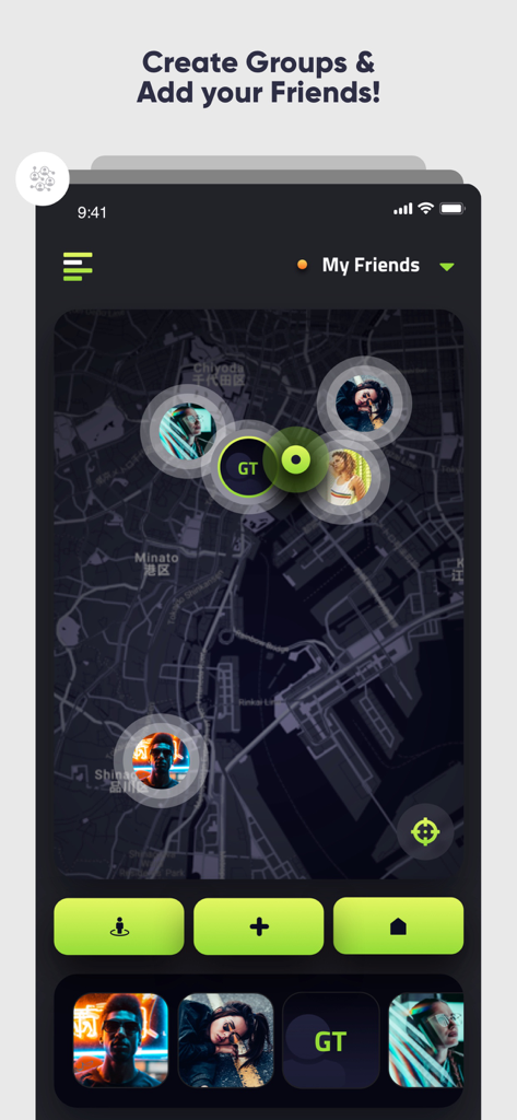 Placeter app interface showing friends on a map for group location sharing