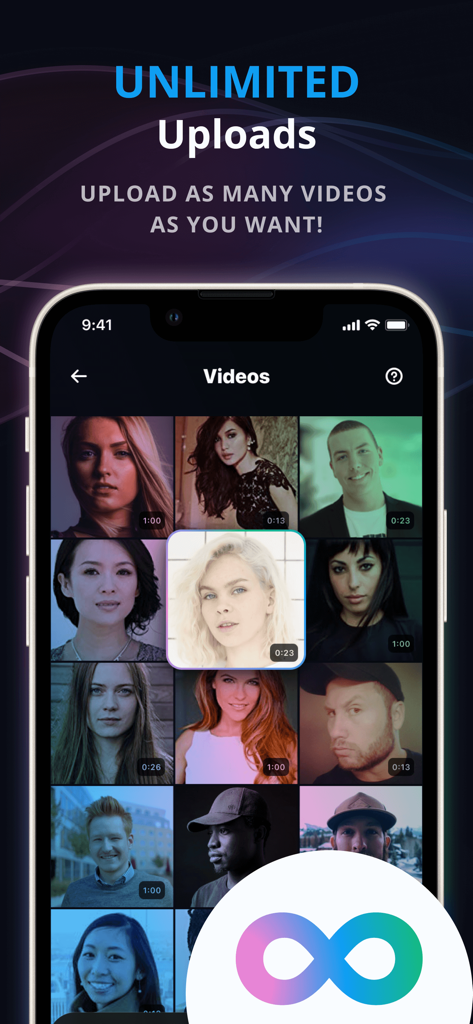Face Swap Video by DuoFace - DuoFace app interface showing a grid of video clips with a headline promoting unlimited uploads for face swapping.