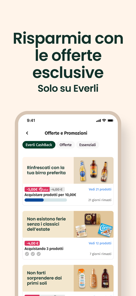Everli - Spesa online - Everli mobile app interface showing a list of exclusive grocery offers and seasonal promotions